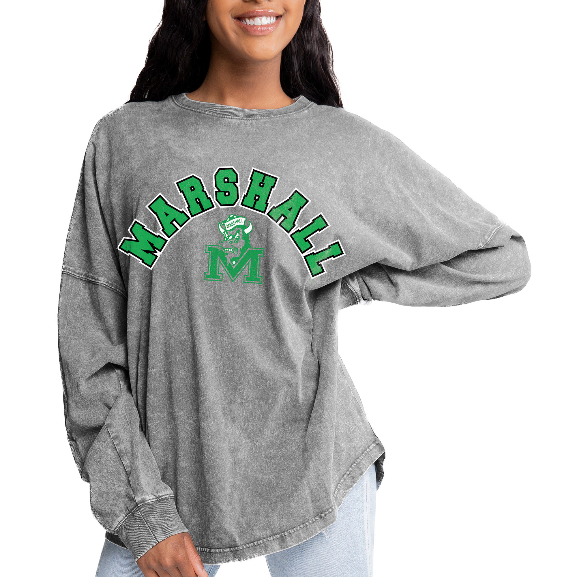 Women's Gameday Couture Gray Marshall Thundering Herd Faded Wash Pullover Sweatshirt