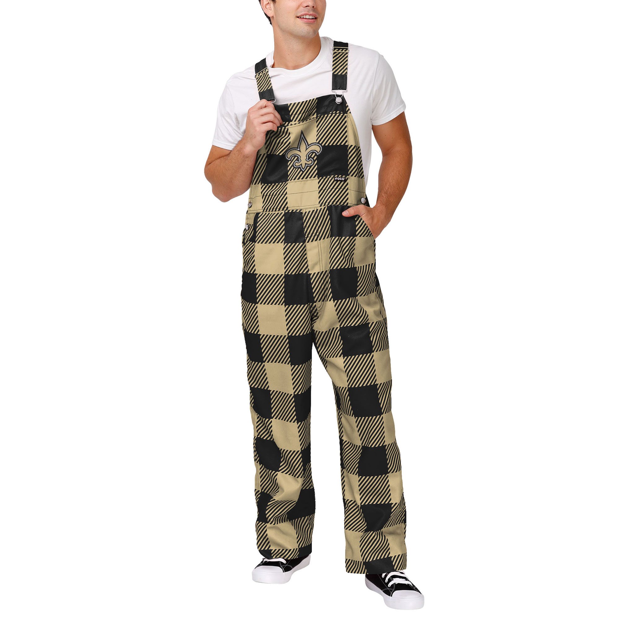 Men's FOCO Black New Orleans Saints Big Logo Plaid Overalls - Image 2