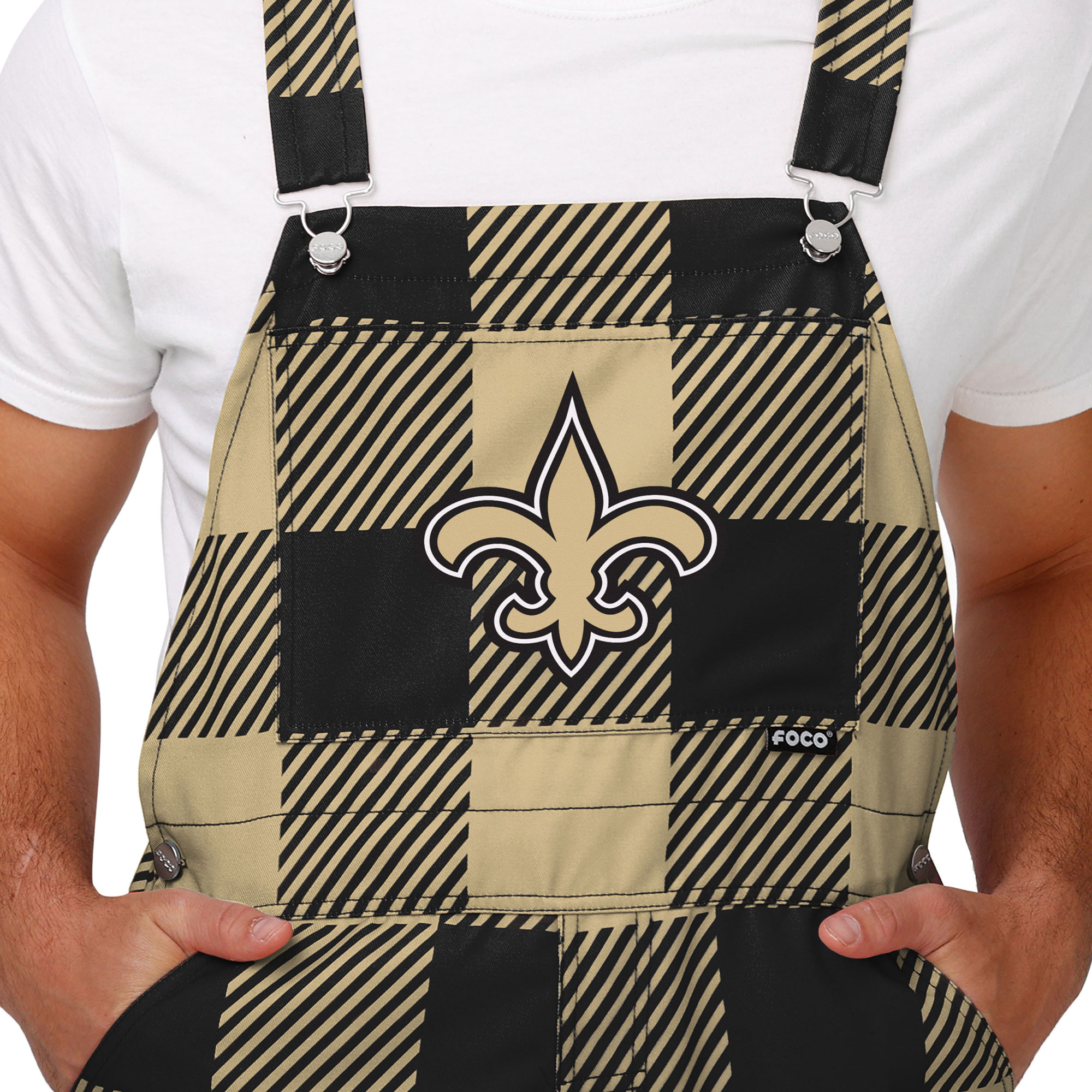 Men's FOCO Black New Orleans Saints Big Logo Plaid Overalls - Image 4