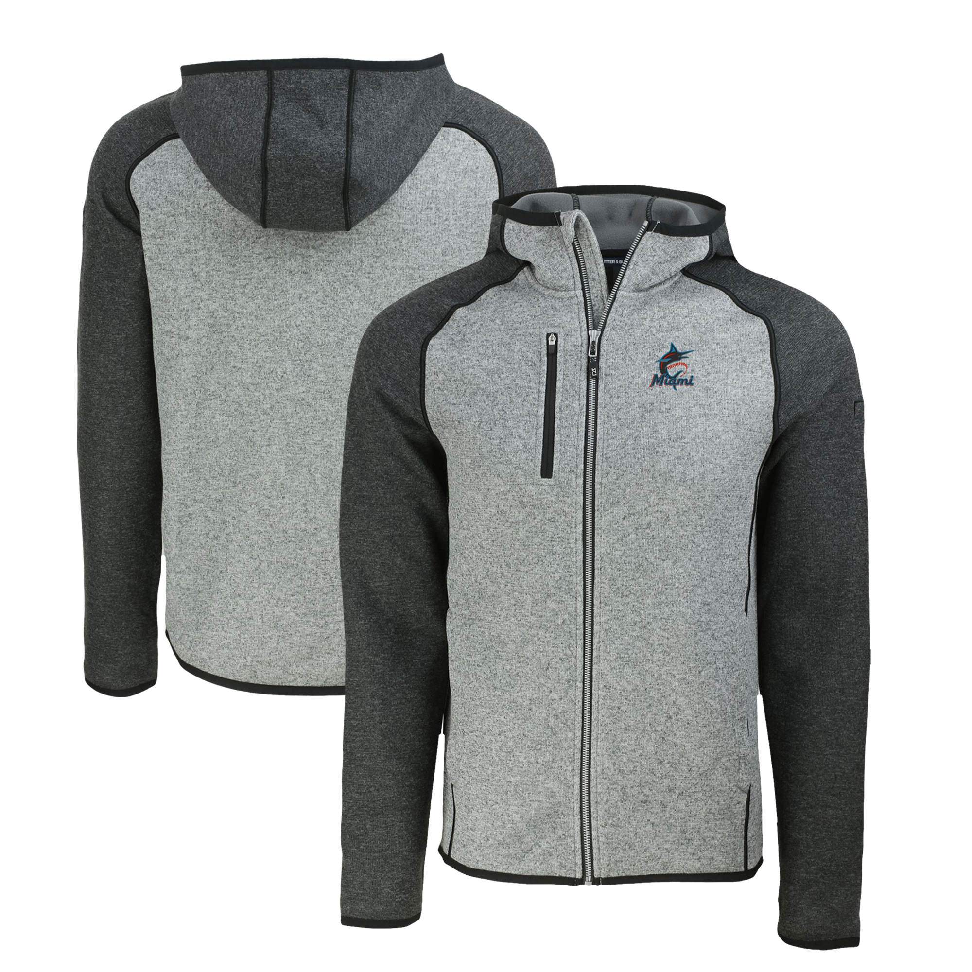Men's Cutter & Buck Heather Charcoal/Heather Gray Miami Marlins Mainsail Full-Zip Hooded Jacket - Image 2