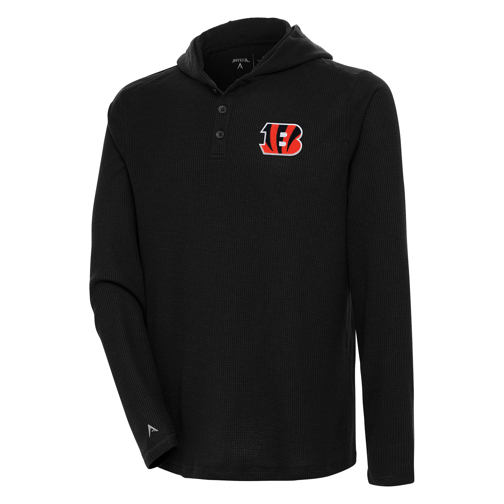 Men's Antigua Black Cincinnati Bengals Strong Hold Long Sleeve Henley Hoodie T-Shirt