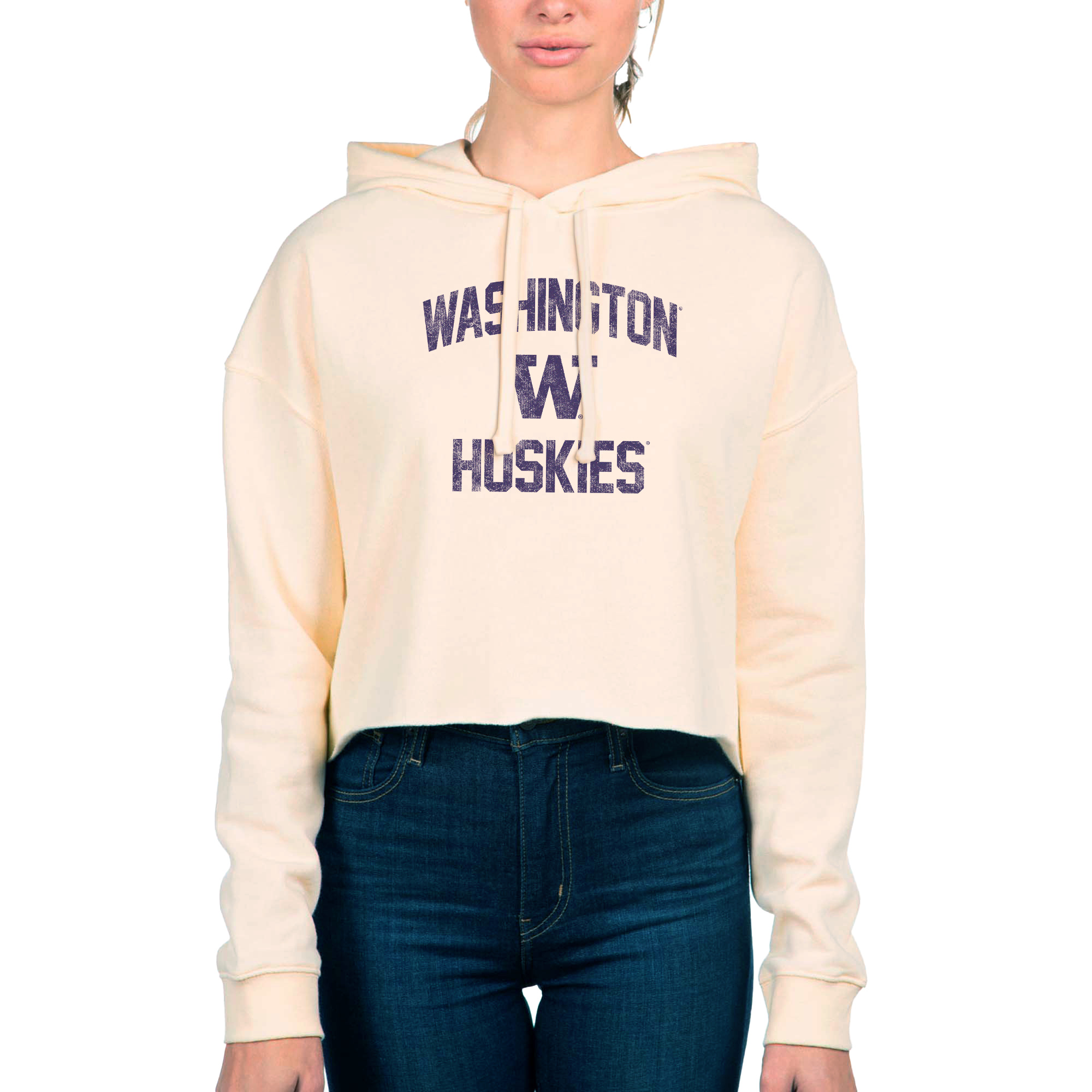 Women's Uscape Apparel Cream Washington Huskies Fleece Cropped Pullover Hoodie