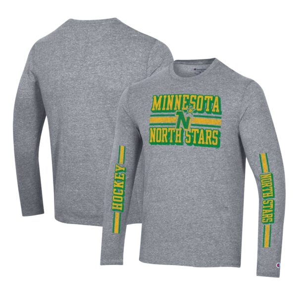 Men's Champion Heather Gray Minnesota North Stars Tri-Blend Dual-Stripe Long Sleeve T-Shirt - Image 5
