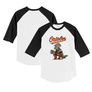 Youth Tiny Turnip White/Black Baltimore Orioles Triceratops 3/4-Sleeve Raglan T-Shirt
