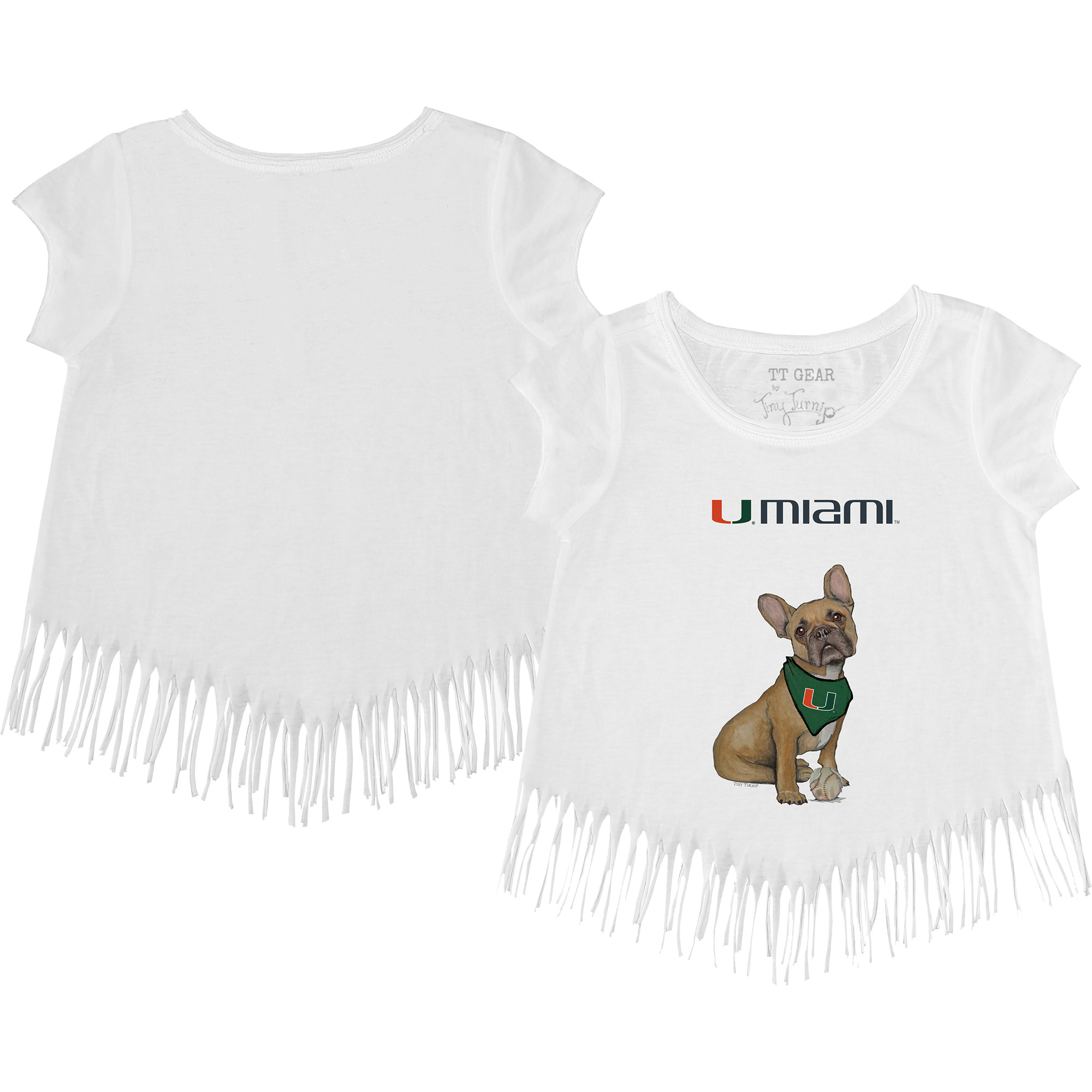 Girls Toddler Tiny Turnip White Miami Hurricanes French Bulldog Fringe T-Shirt
