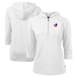 Women's Cutter & Buck White Montreal Expos Cooperstown Collection DryTec Virtue Eco Pique Recycled 3/4-Sleeve Half-Zip Pullover Hoodie