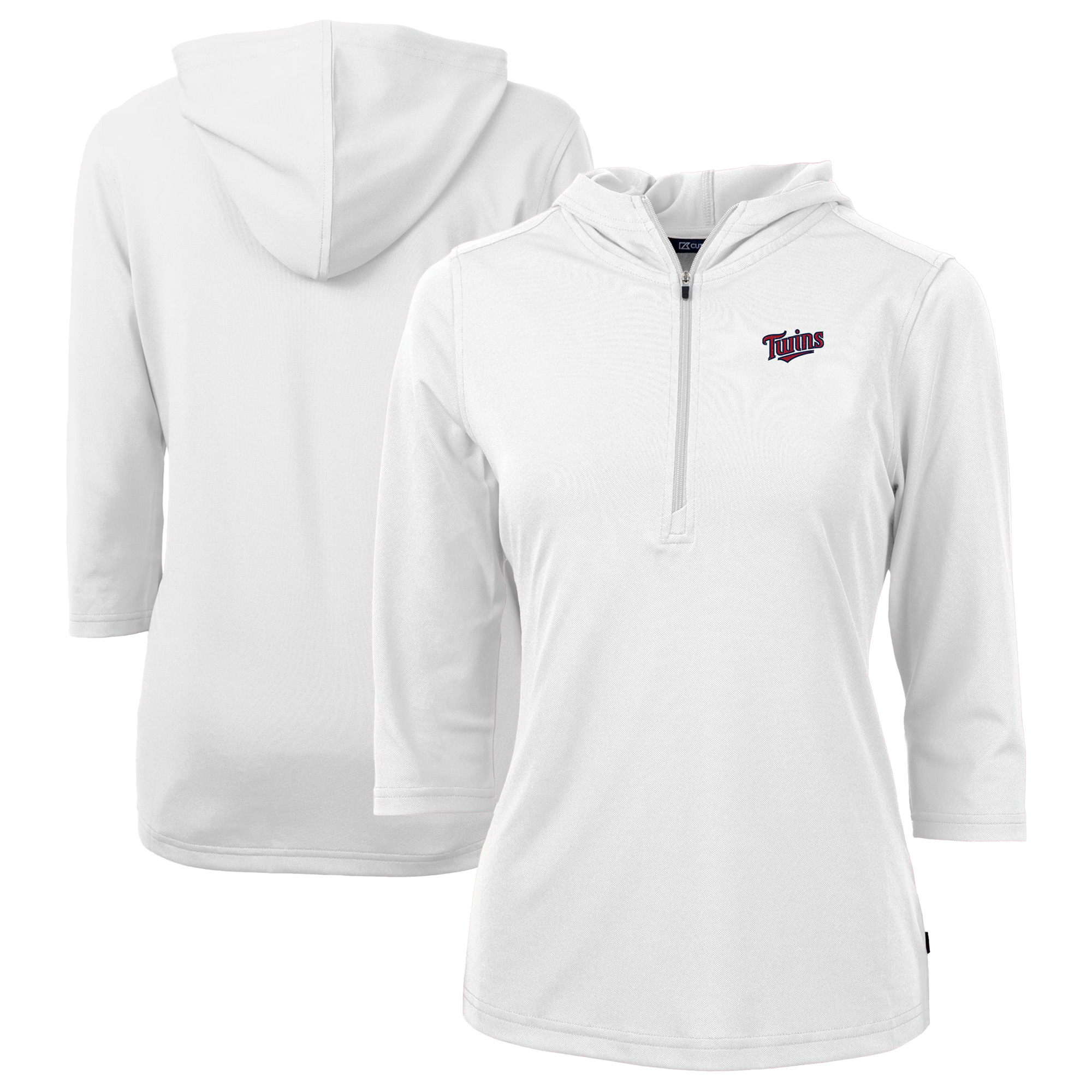 Women's Cutter & Buck White Minnesota Twins DryTec Virtue Eco Pique Recycled 3/4-Sleeve Half-Zip Pullover Hoodie