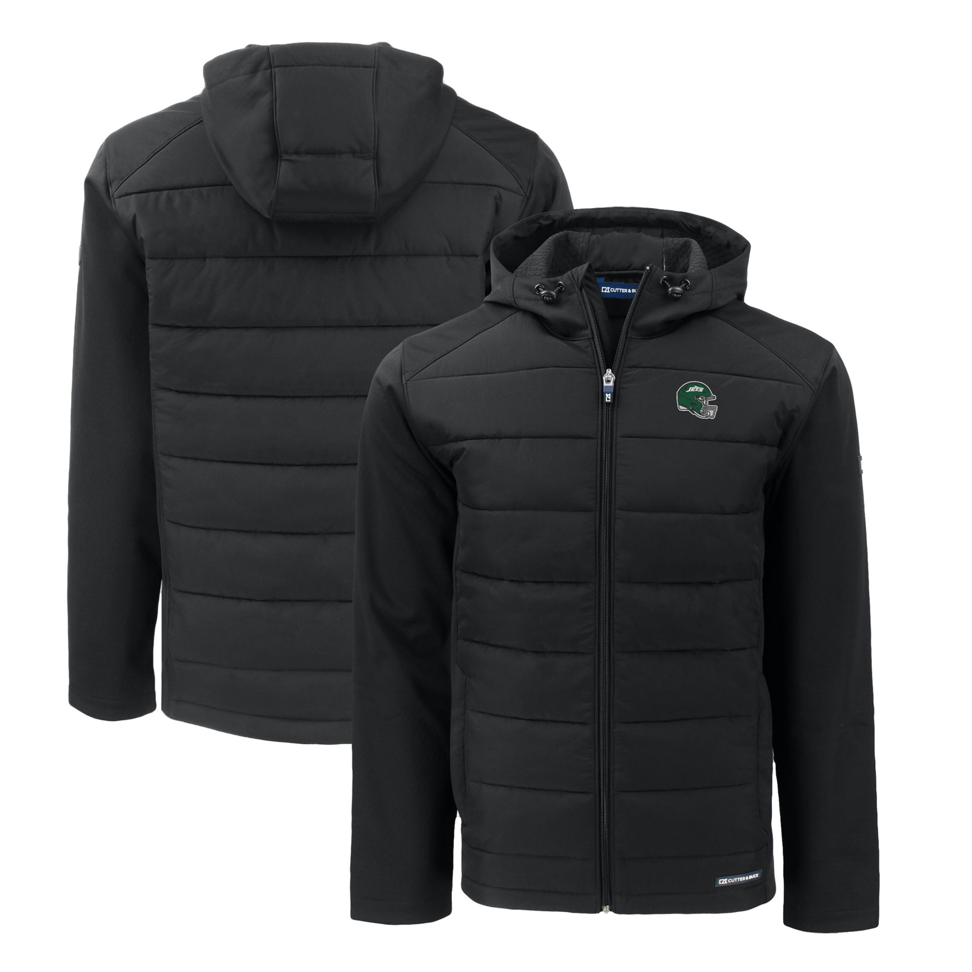 Men's Cutter & Buck Black New York Jets Big & Tall Helmet Evoke Hybrid Eco Softshell Recycled Full-Zip Hoodie Jacket