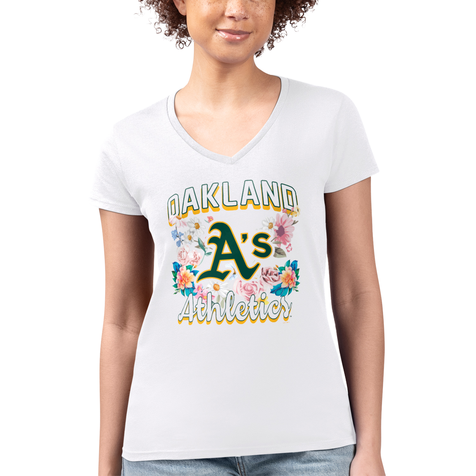 Women's G-III 4Her by Carl Banks White Oakland Athletics Flowers Graphic Fitted V-Neck T-Shirt - Image 2