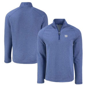 Men's Cutter & Buck  Heather Royal New York Giants Peshastin Eco Fleece Tri-Blend Raglan Recycled Quarter-Zip Jacket
