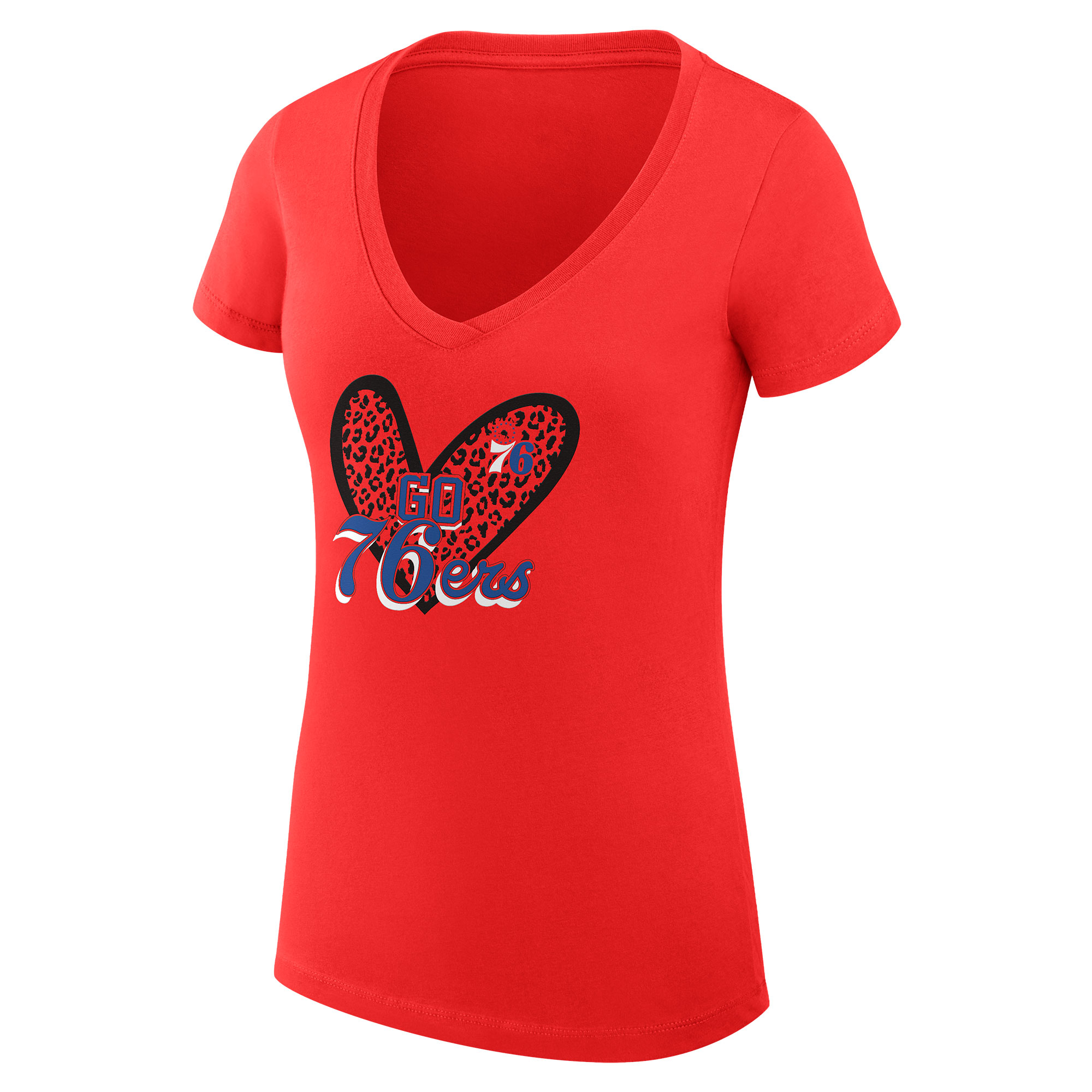 Women's G-III 4Her by Carl Banks Red Philadelphia 76ers Leopard Heart Fitted V-Neck T-Shirt - Image 6
