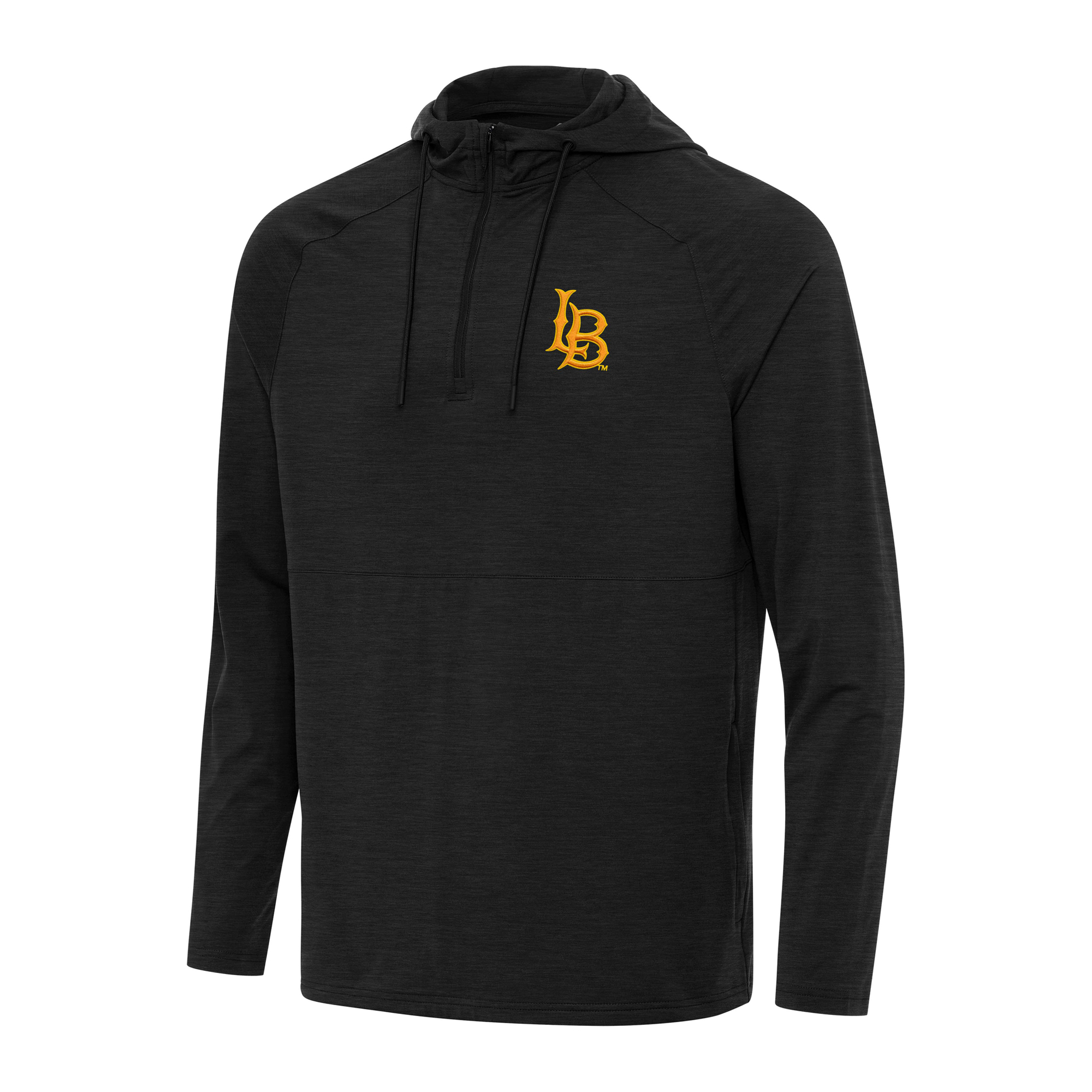 Men's Antigua Heather Black Cal State Long Beach The Beach Spikes Raglan Quarter-Zip Hoodie