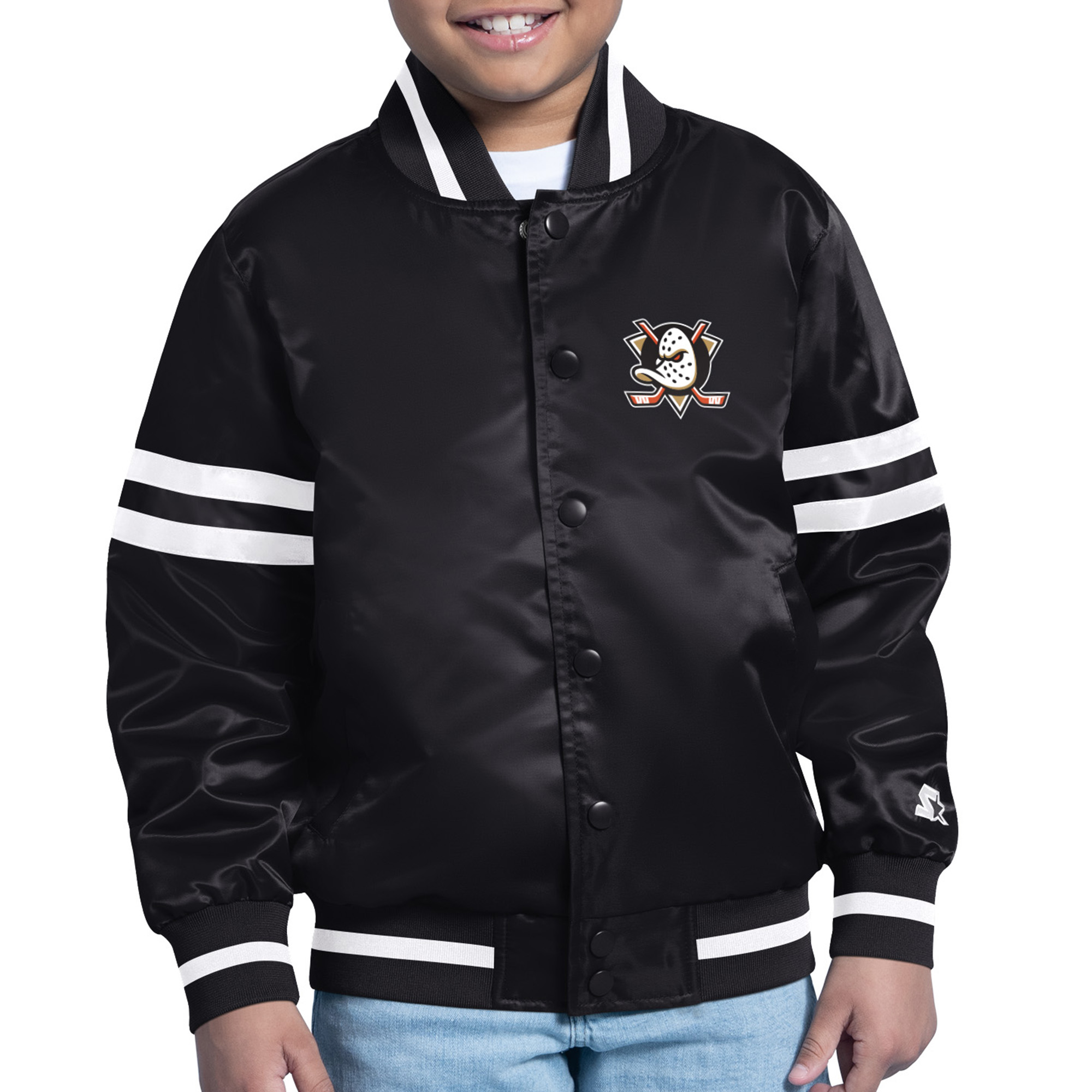 Youth Starter Black Anaheim Ducks Printed Team Logo Satin Varsity Full-Snap Jacket