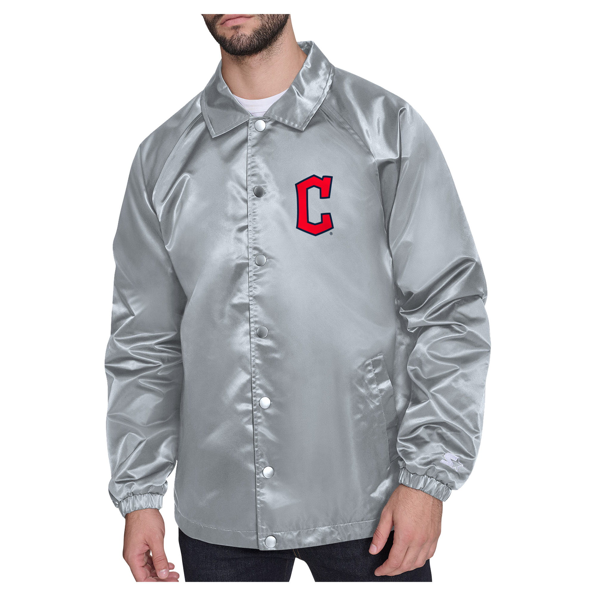 Men's Starter Gray Cleveland Guardians Shield Logo Raglan Coaches Full-Snap Jacket