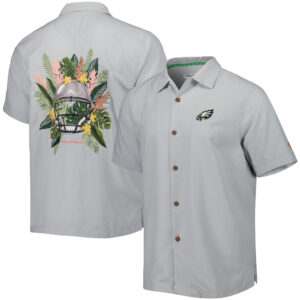 Men's Tommy Bahama Gray Philadelphia Eagles Coconut Point Frondly Fan Camp IslandZone Button-Up Shirt