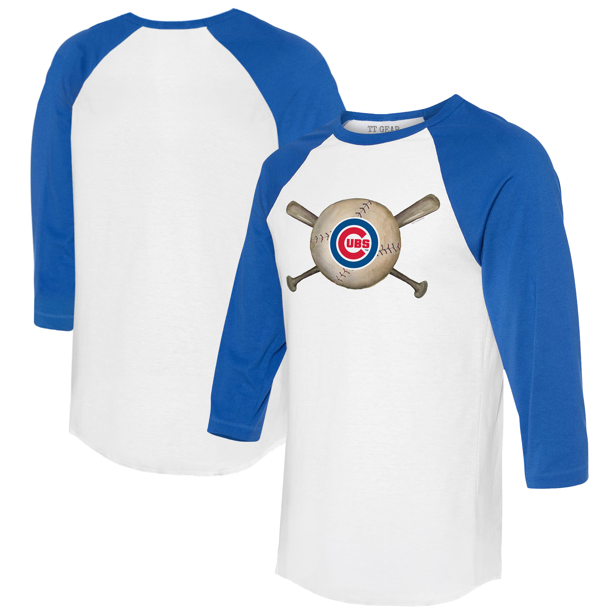 Women's Tiny Turnip White/Royal Chicago Cubs Baseball Cross Bats 3/4-Sleeve Raglan T-Shirt