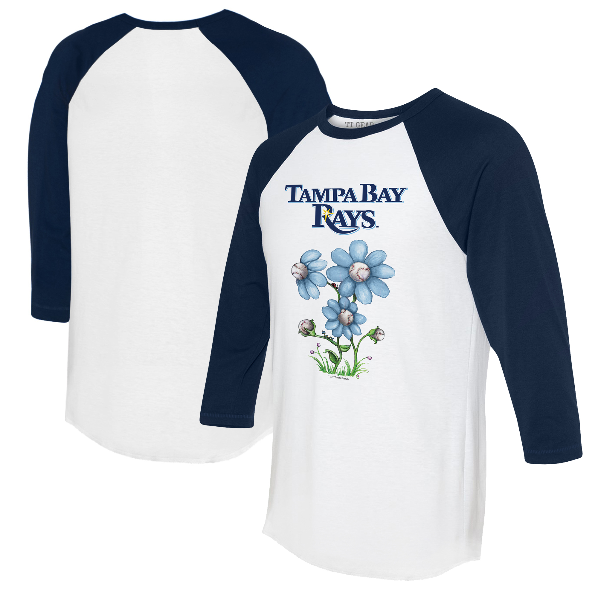 Women's Tiny Turnip White/Navy Tampa Bay Rays Blooming Baseballs 3/4-Sleeve Raglan T-Shirt - Image 5