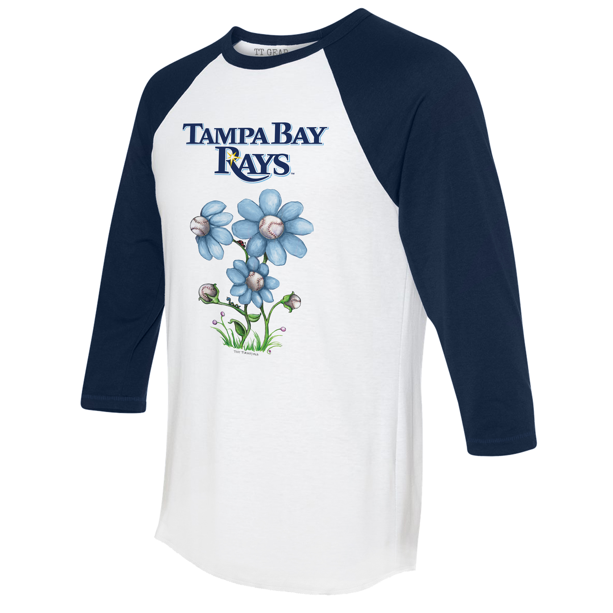 Women's Tiny Turnip White/Navy Tampa Bay Rays Blooming Baseballs 3/4-Sleeve Raglan T-Shirt - Image 6