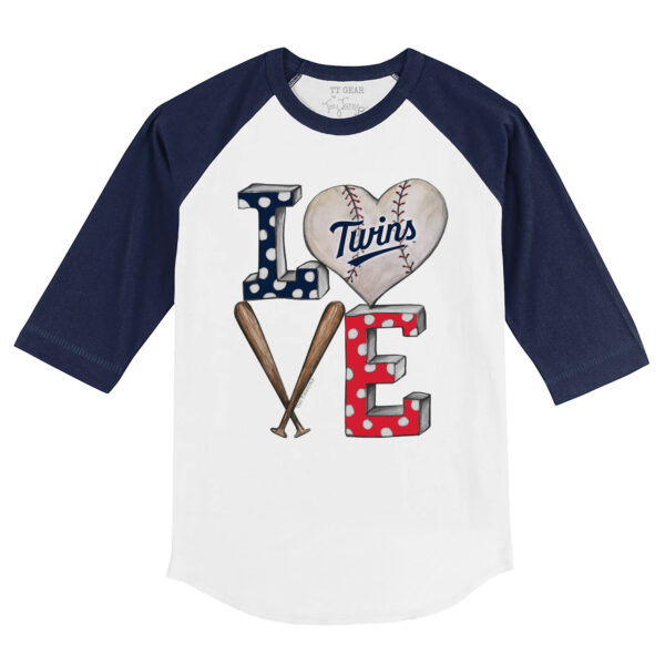 Infant Tiny Turnip White/Navy Minnesota Twins Baseball Love Raglan 3/4 Sleeve T-Shirt - Image 3