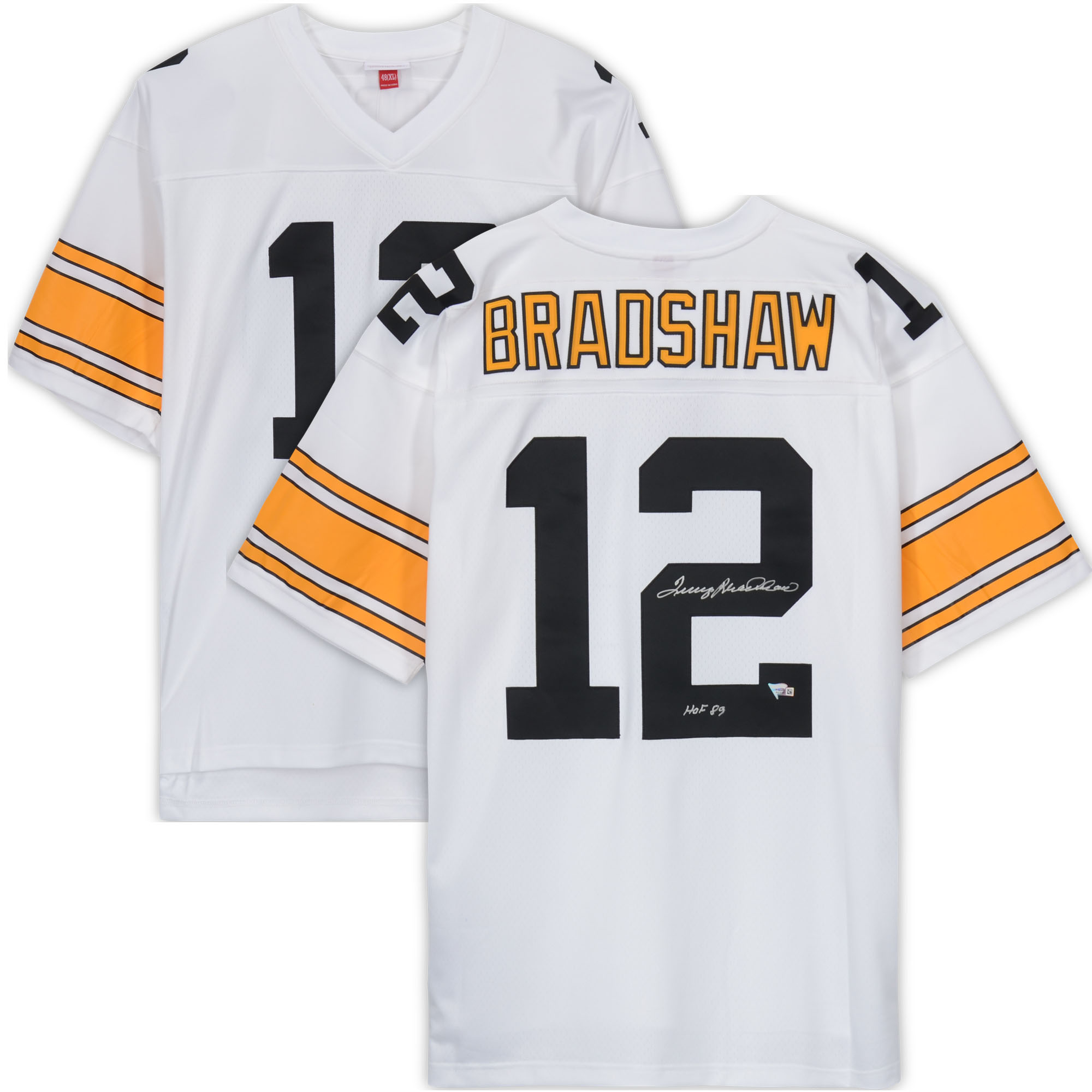 Terry Bradshaw Pittsburgh Steelers Autographed White Mitchell & Ness Replica Jersey with "HOF 89" Inscription - Image 7