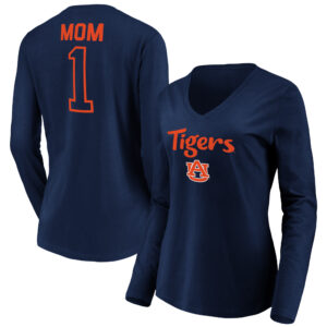Women's Navy Auburn Tigers #1 Mom Long Sleeve V-Neck T-Shirt