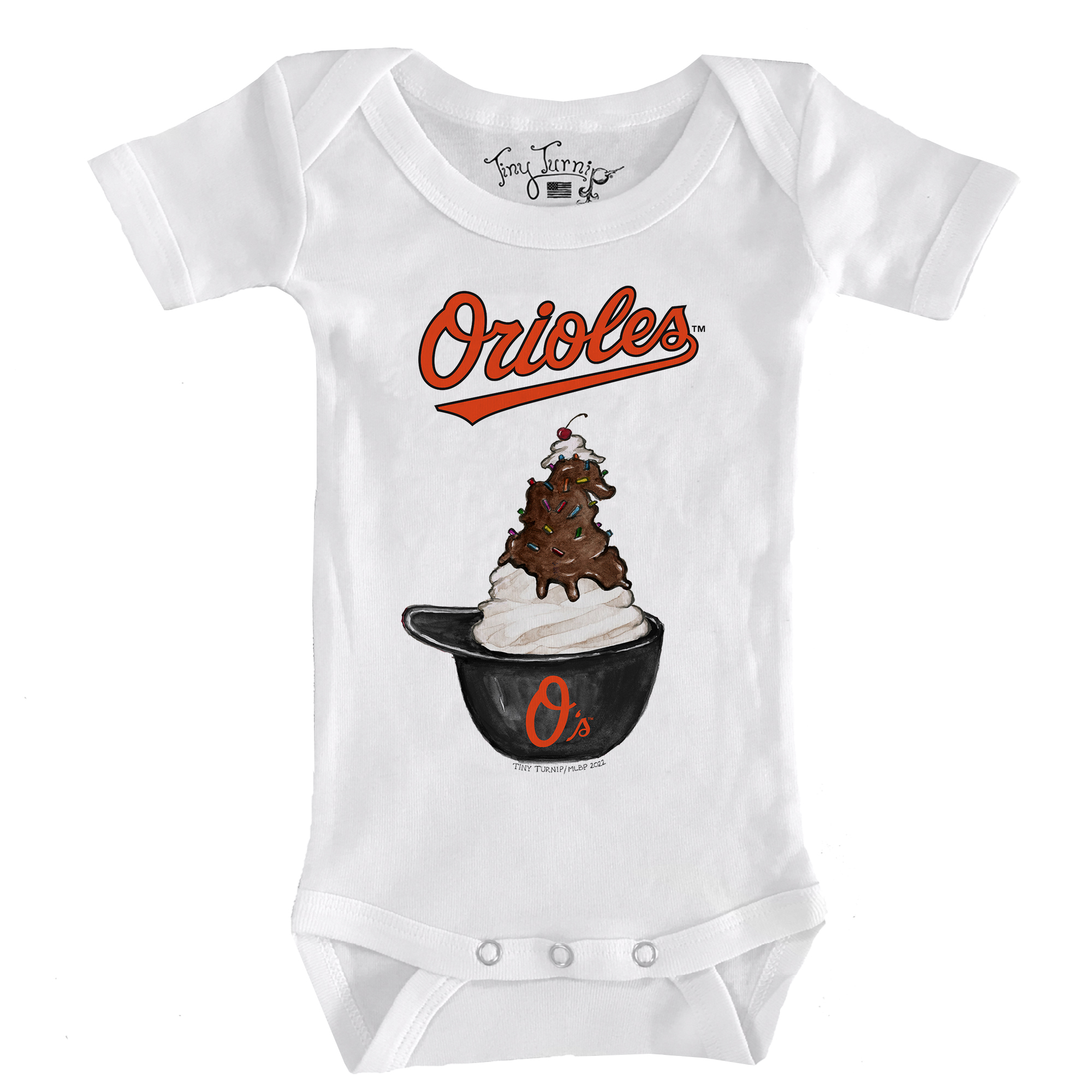 Infant Tiny Turnip White Baltimore Orioles Sundae Helmet Bodysuit
