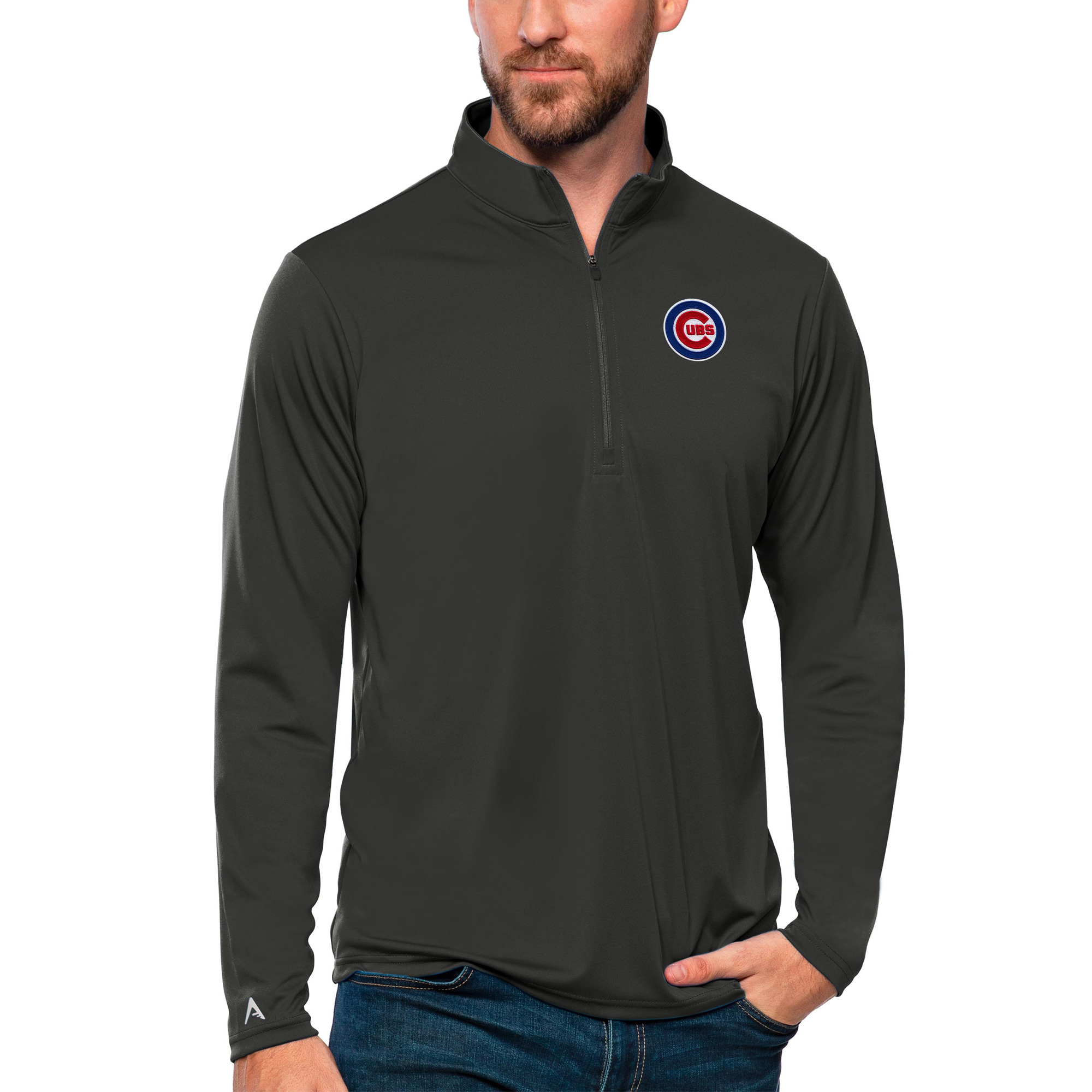 Men's Antigua Charcoal Chicago Cubs Tribute Quarter-Zip Pullover Top