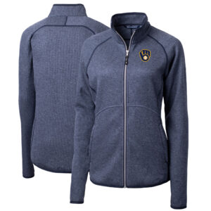 Women's Cutter & Buck Heathered Navy Milwaukee Brewers Mainsail Sweater-Knit Full-Zip Jacket