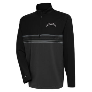 Men's Antigua Black Los Angeles Chargers Metallic Logo Pace Quarter-Zip Pullover Top