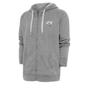 Men's Antigua Heather Gray Tampa Bay Buccaneers Metallic Logo Victory Full-Zip Hoodie