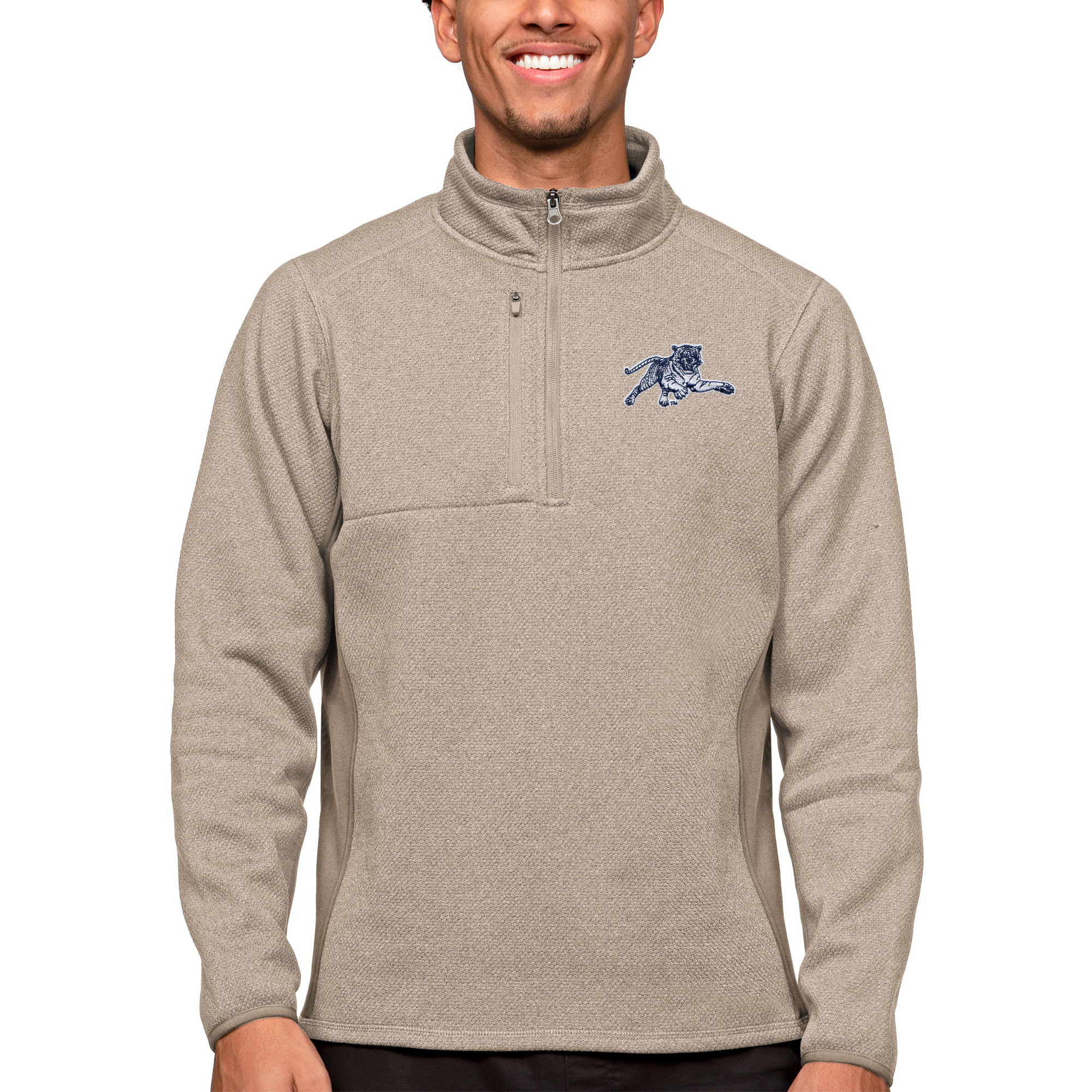 Men's Antigua Oatmeal Jackson State Tigers Course Quarter-Zip Pullover Top