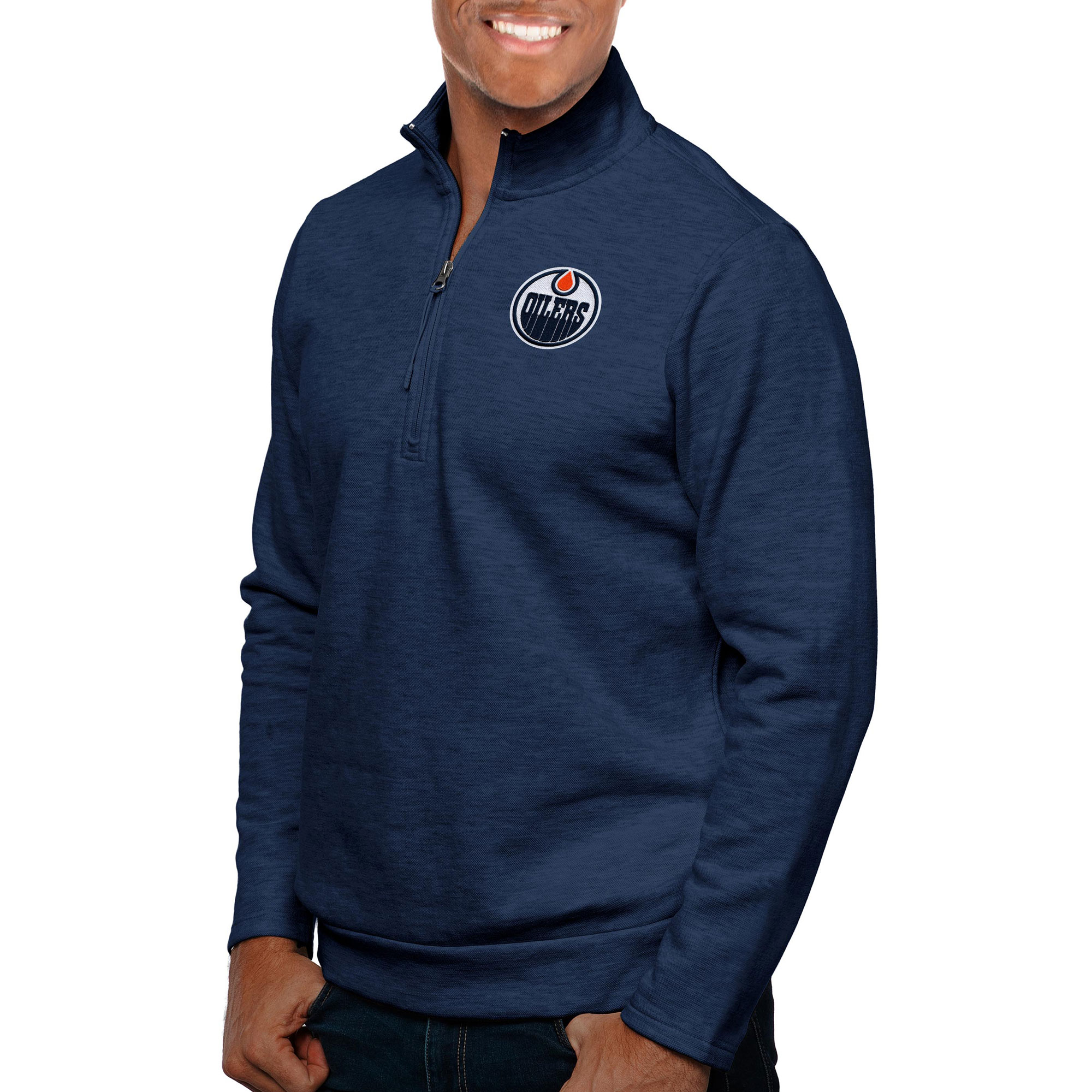 Men's Antigua Heather Navy Edmonton Oilers Gambit Quarter-Zip Pullover Top