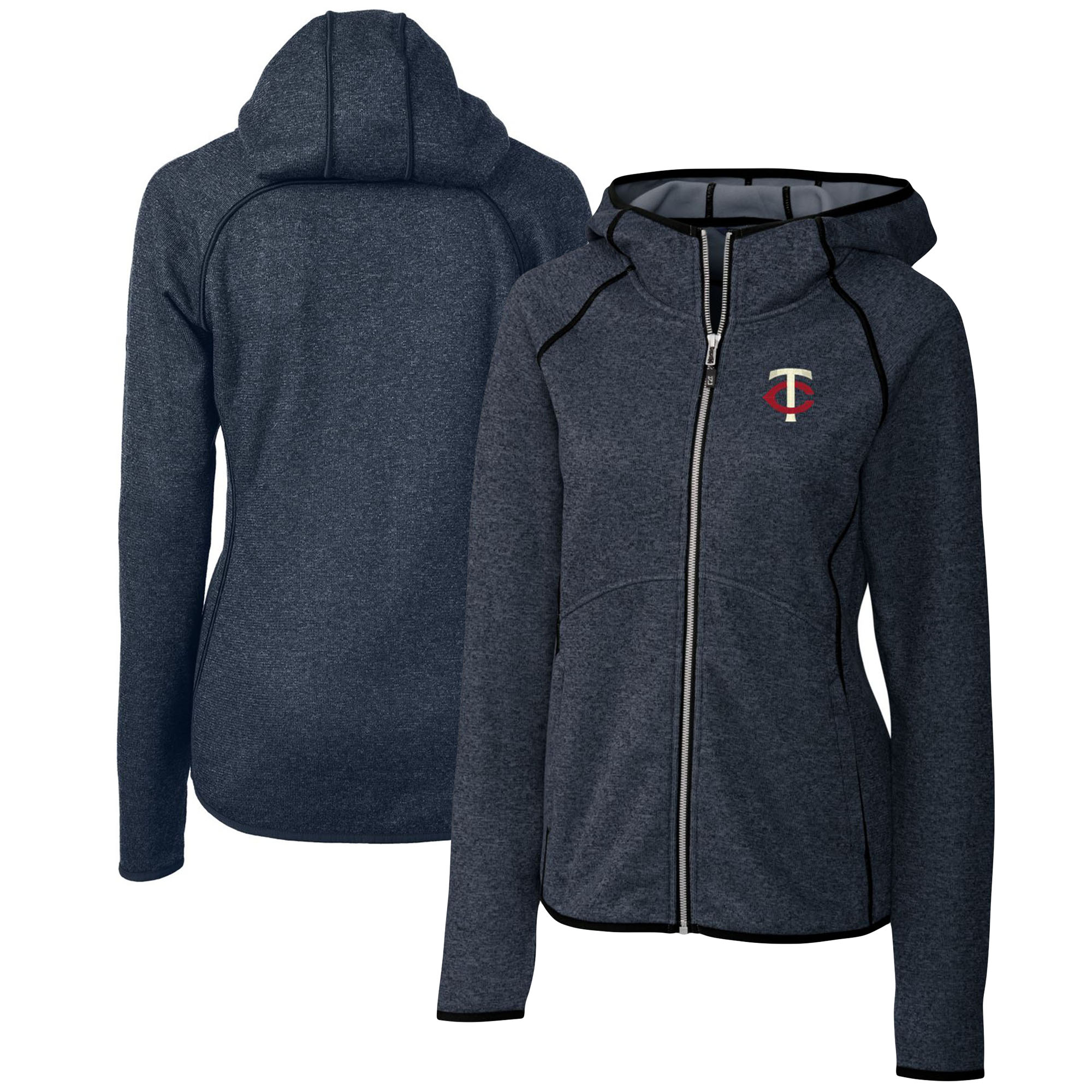 Women's Cutter & Buck Heather Navy Minnesota Twins Mainsail Sweater Knit Full-Zip Hoodie