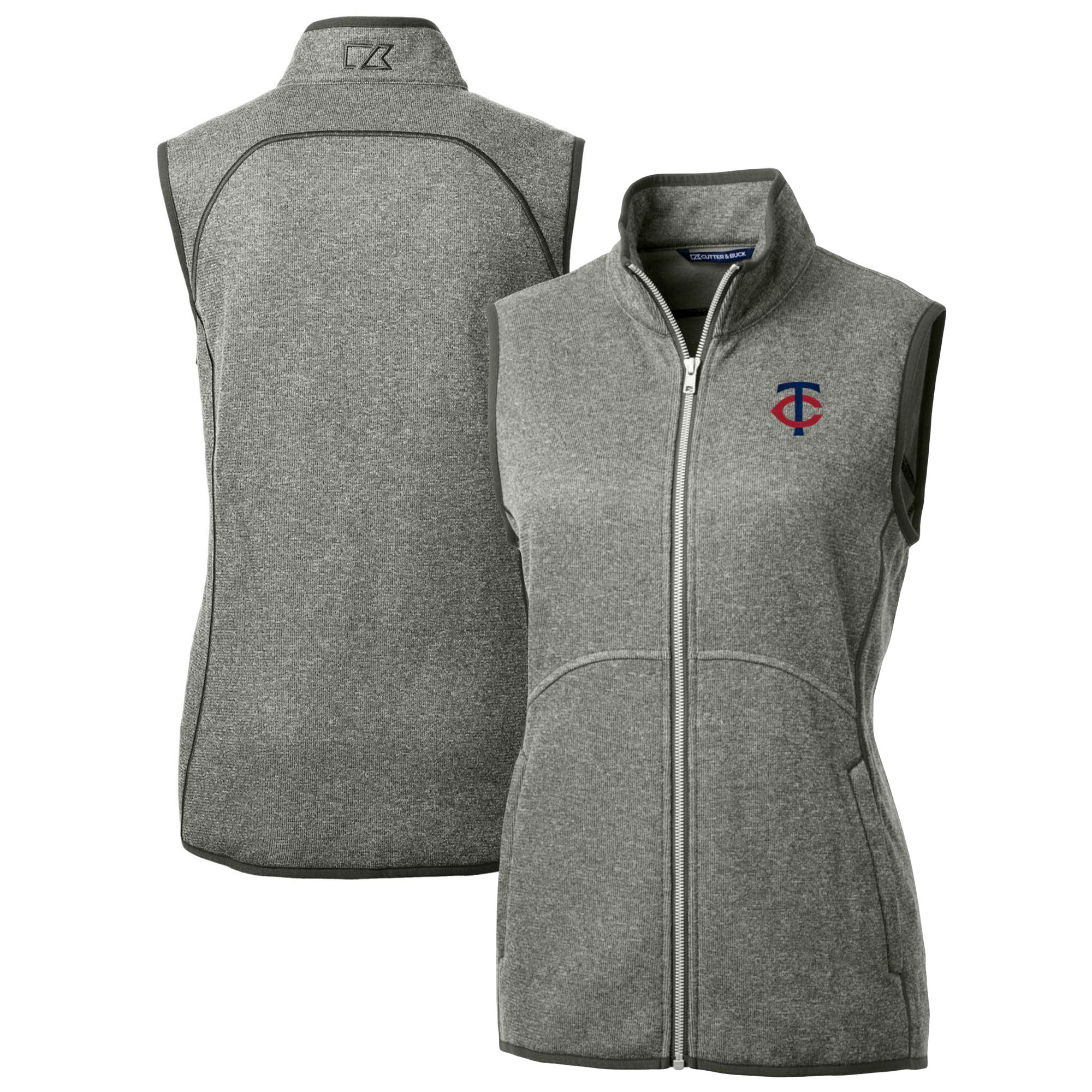 Women's Cutter & Buck Heather Gray Minnesota Twins Mainsail Sweater Knit Full-Zip Vest