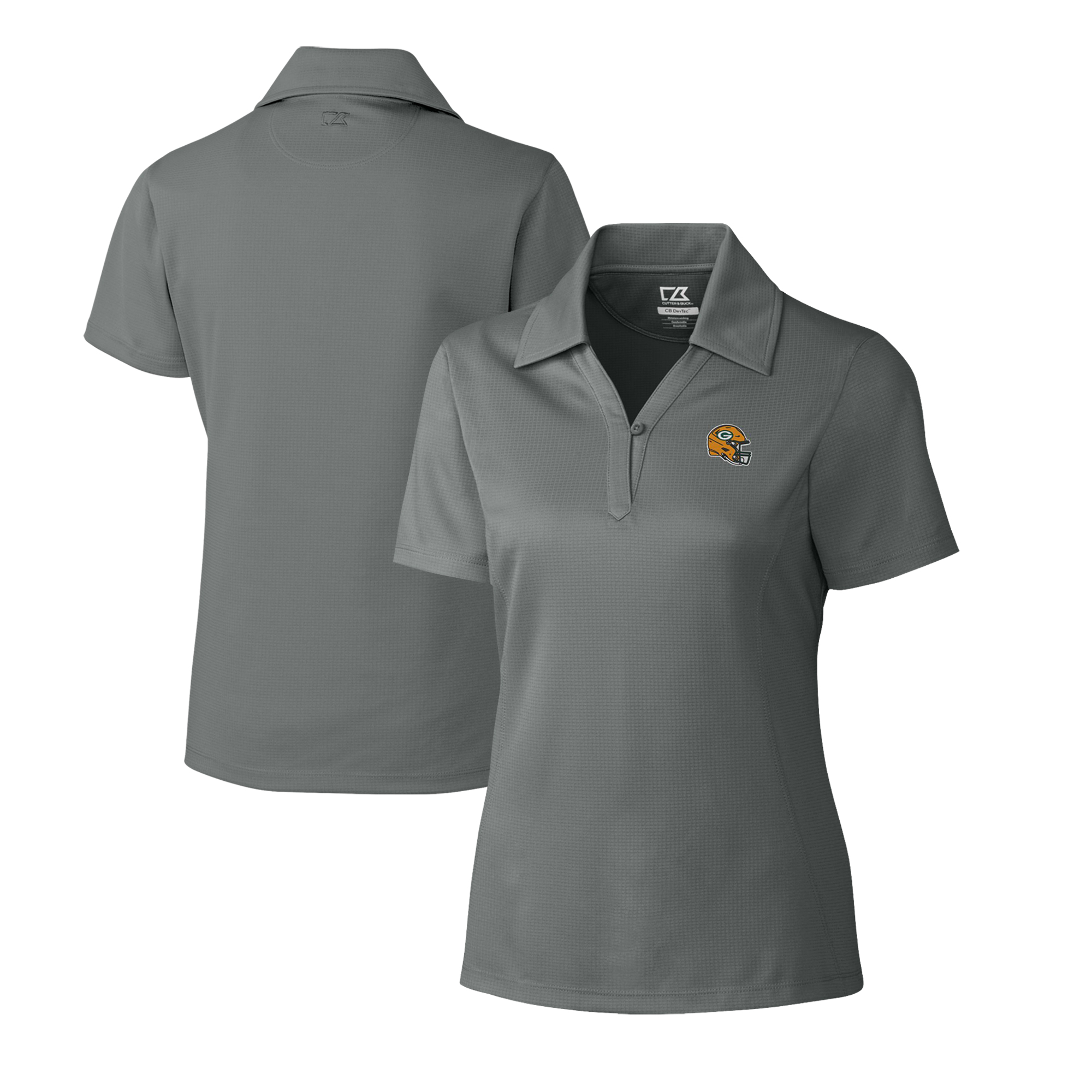 Women's Cutter & Buck Gray Green Bay Packers Helmet Logo CB DryTec Genre Textured Solid Polo