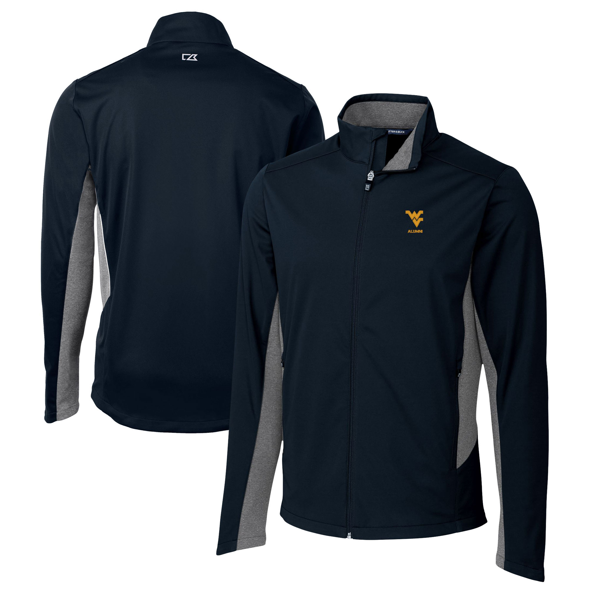 Men's Cutter & Buck Navy West Virginia Mountaineers Alumni Logo Navigate Softshell Full-Zip Jacket