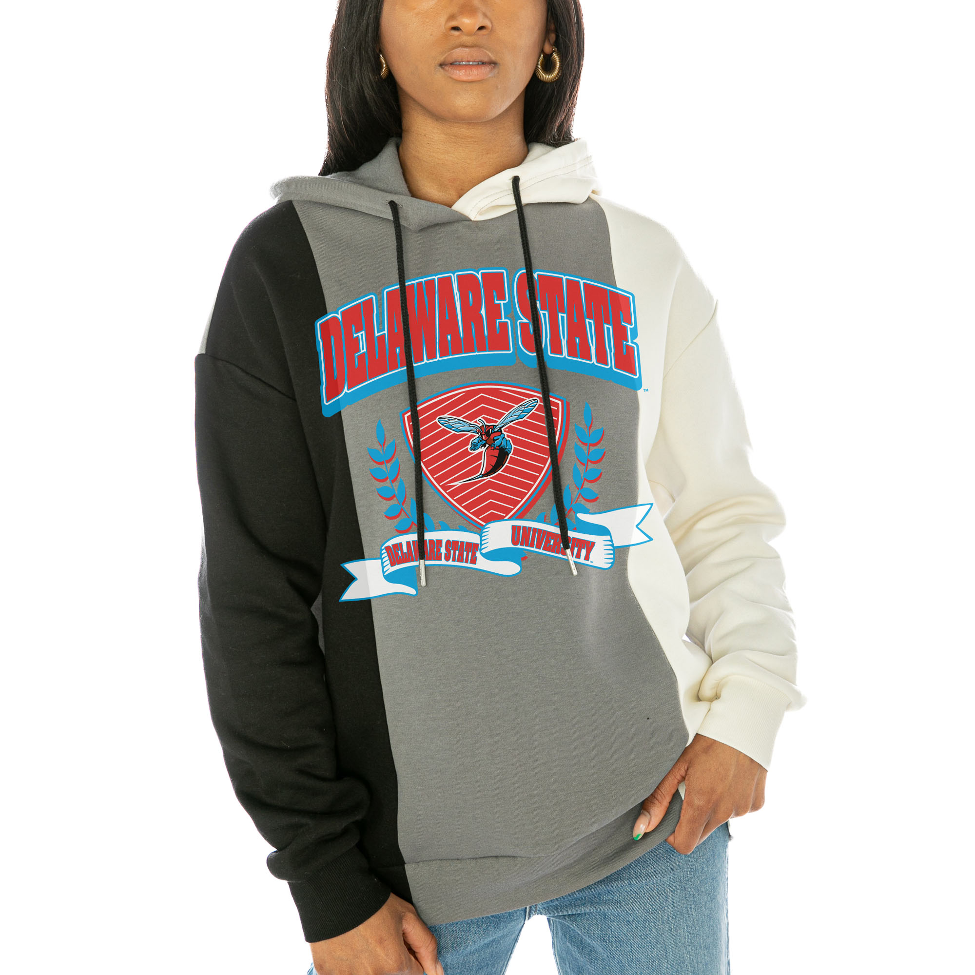 Women's Gameday Couture Black Delaware State Hornets Hall Of Fame Color Block Pullover Hoodie