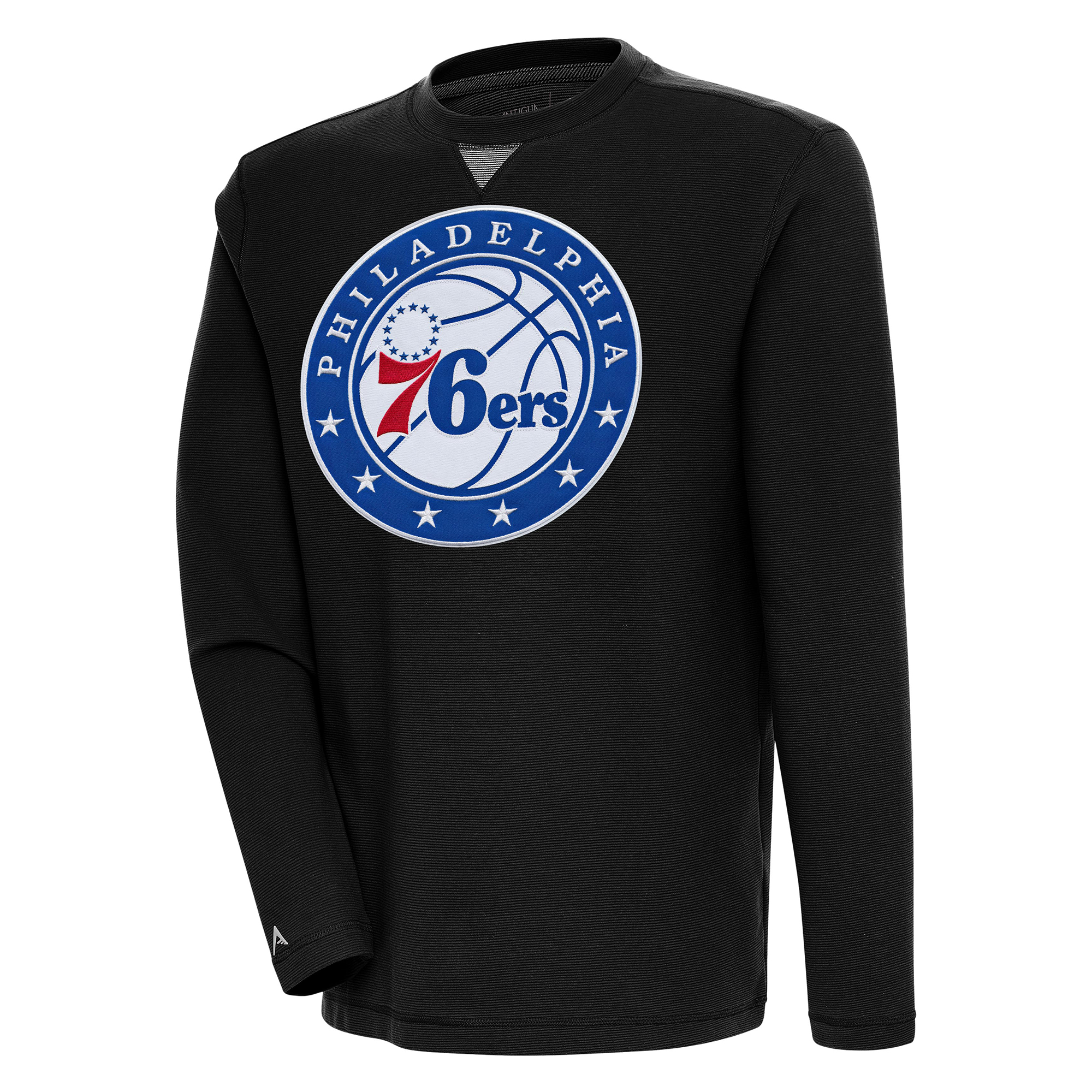 Men's Antigua Black Philadelphia 76ers Flier Bunker Pullover Sweatshirt