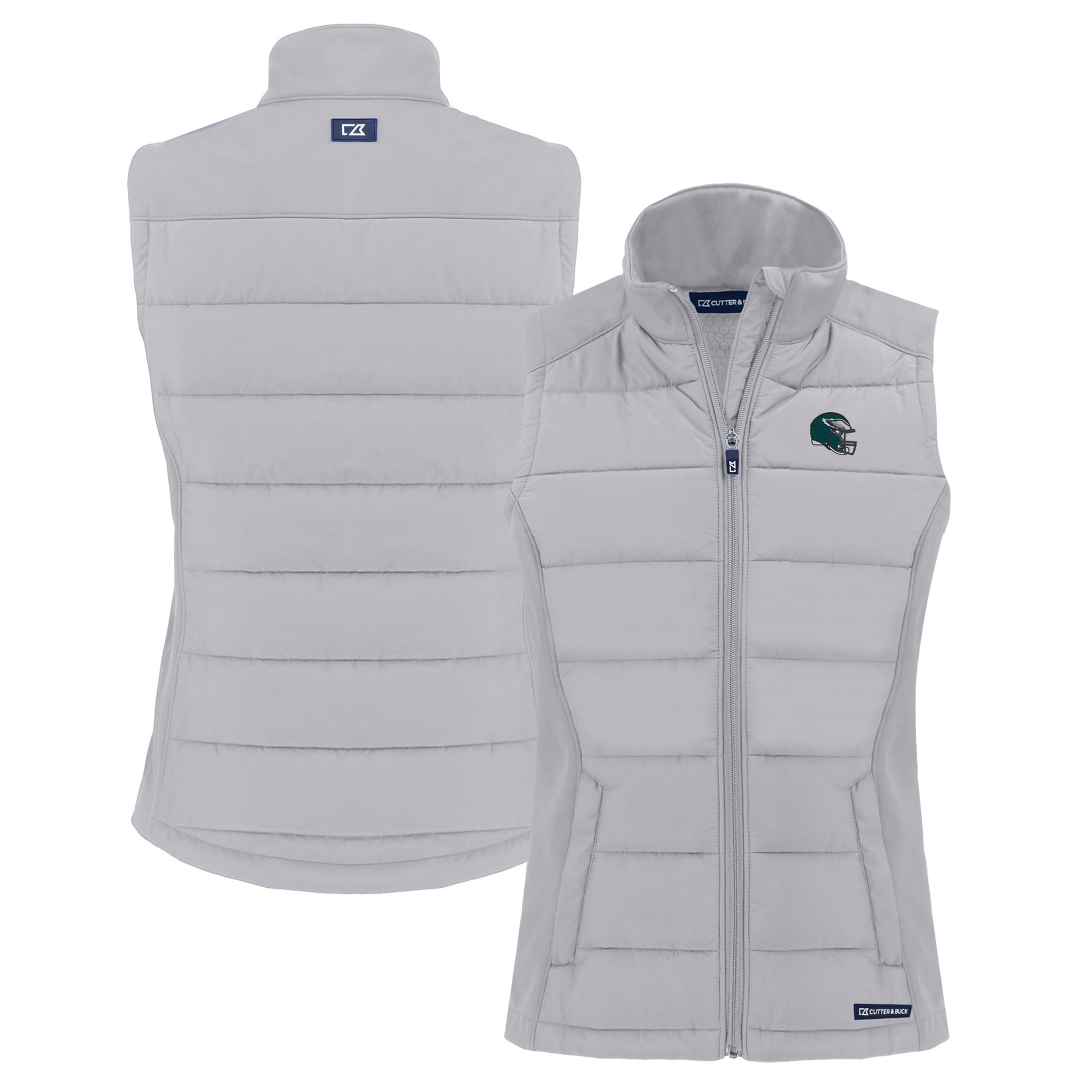 Women's Cutter & Buck Gray Philadelphia Eagles Helmet Evoke Hybrid Eco Softshell Recycled Full-Zip Vest