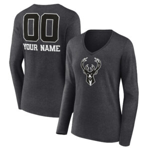 Women's Charcoal Milwaukee Bucks Personalized Name & Number Monochrome Long Sleeve V-Neck T-Shirt
