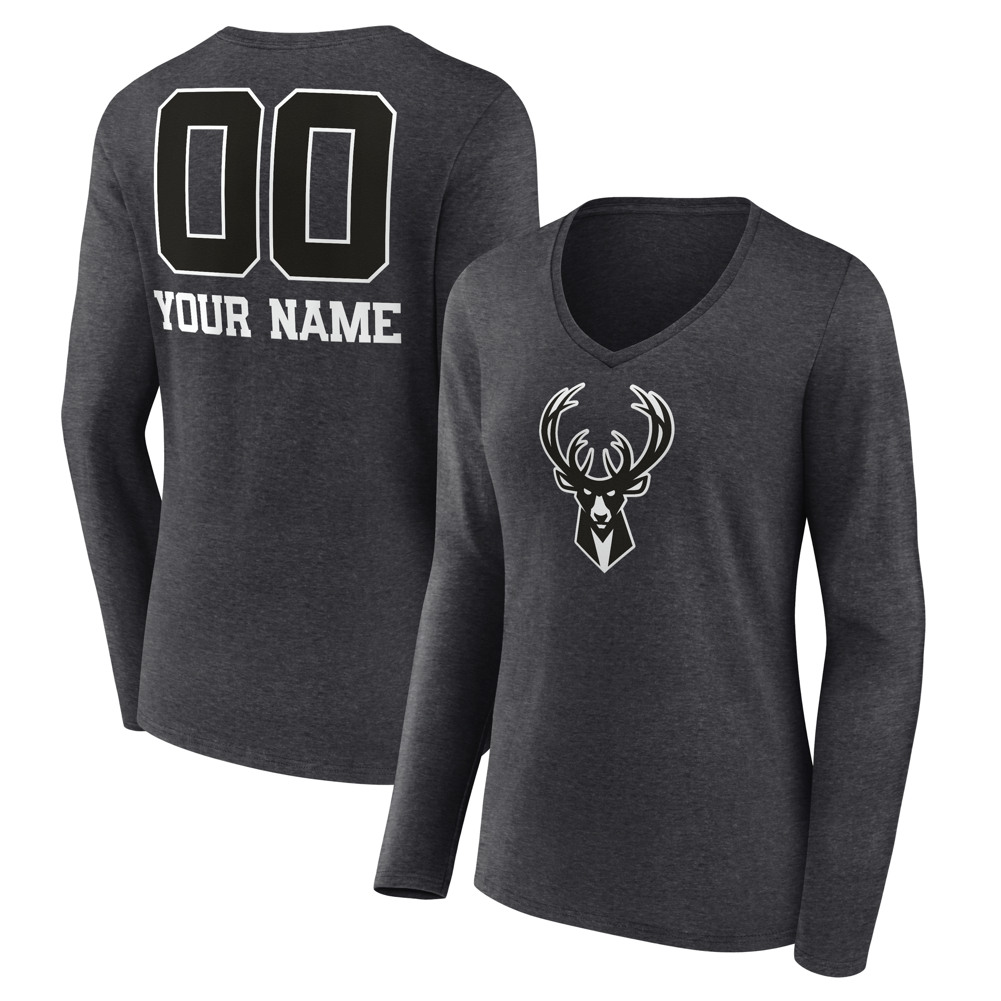 Women's Charcoal Milwaukee Bucks Personalized Name & Number Monochrome Long Sleeve V-Neck T-Shirt
