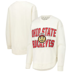 Women's Pressbox  Cream Ohio State Buckeyes Poncho Fleece Crew Sweatshirt