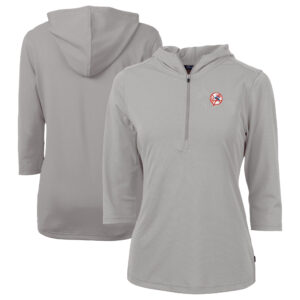 Women's Cutter & Buck Gray New York Yankees Cooperstown Collection DryTec Virtue Eco Pique Recycled 3/4-Sleeve Half-Zip Pullover Hoodie