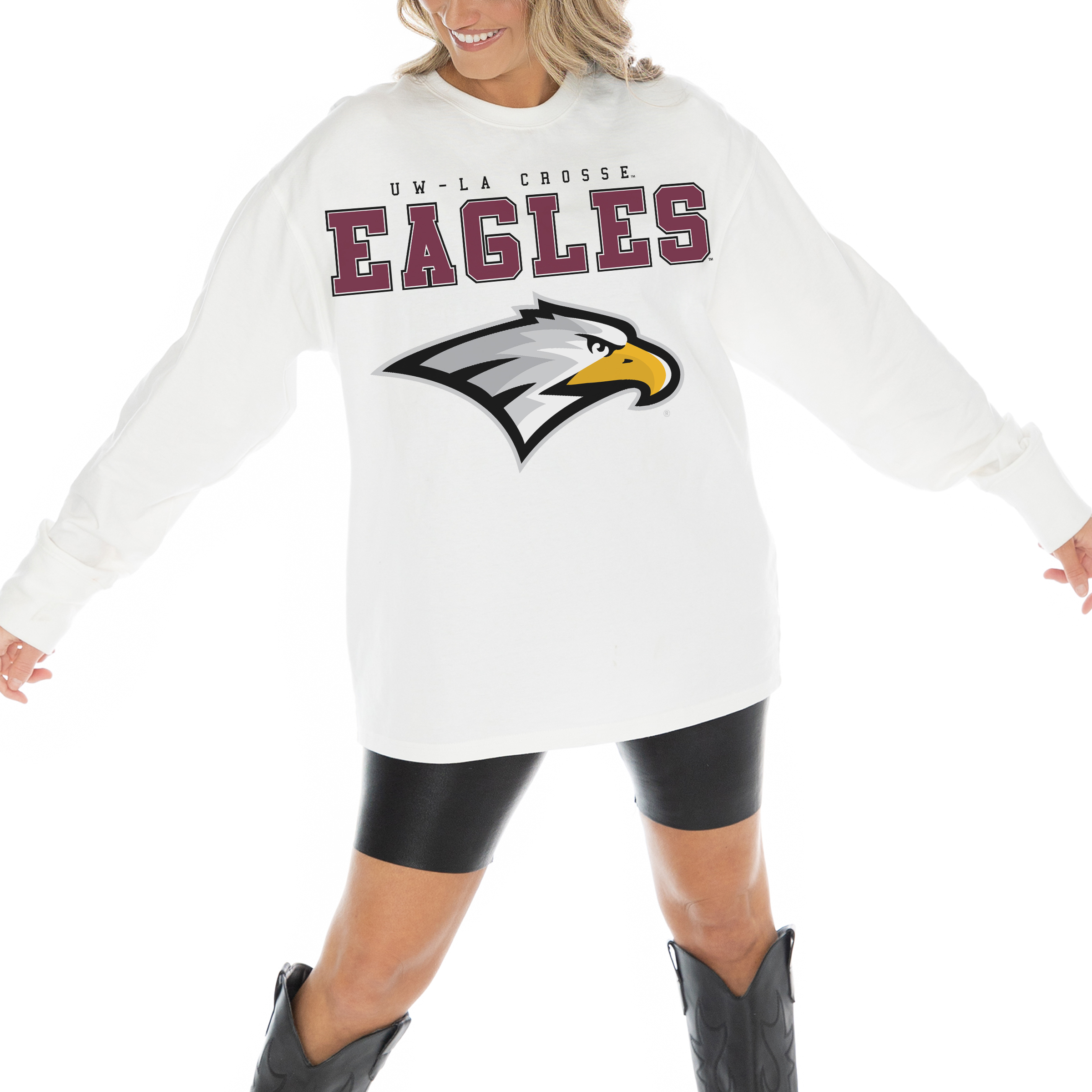 Women's Gameday Couture White Wisconsin-La Crosse Eagles Big Goals Oversized Long Sleeve T-Shirt - Image 7