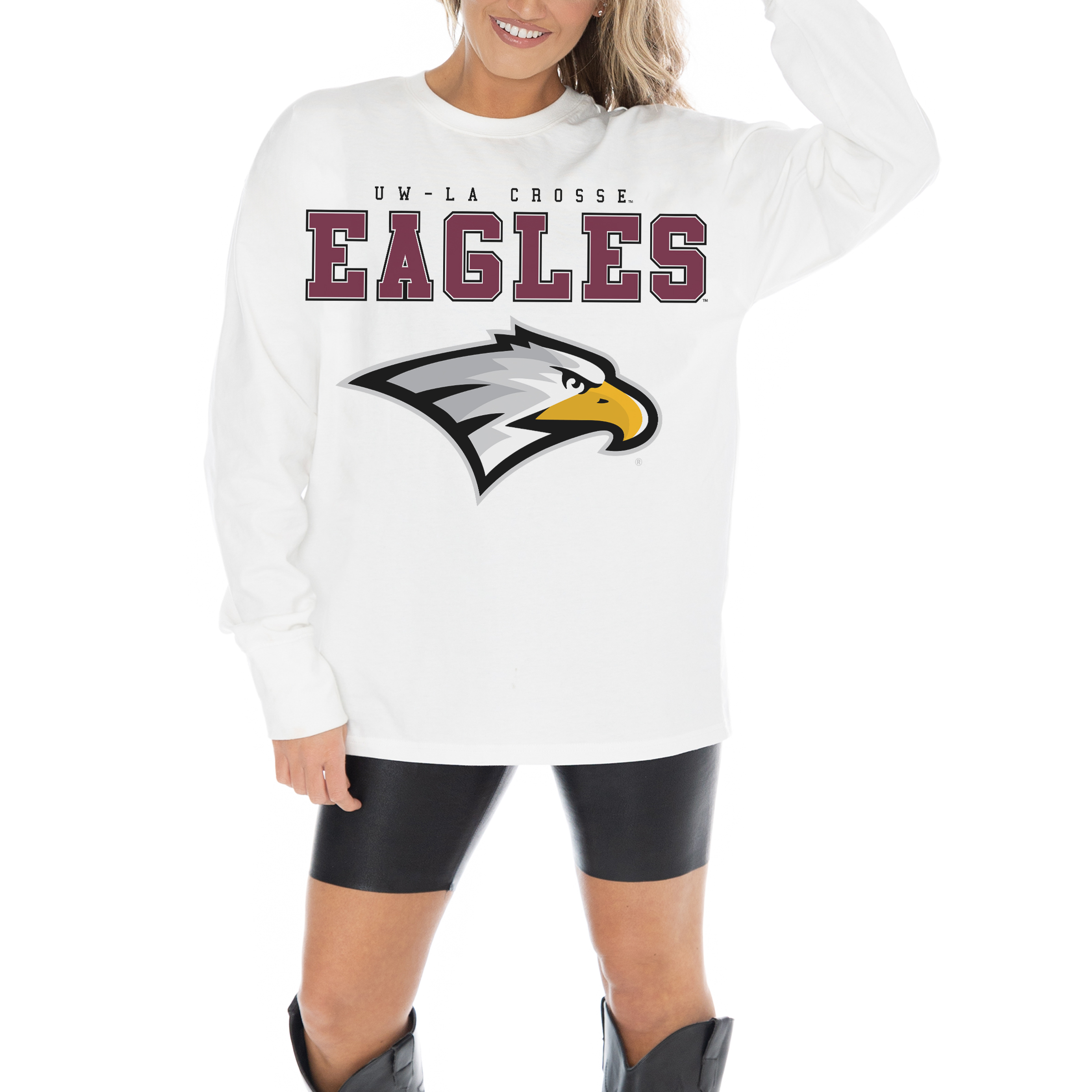 Women's Gameday Couture White Wisconsin-La Crosse Eagles Big Goals Oversized Long Sleeve T-Shirt - Image 4