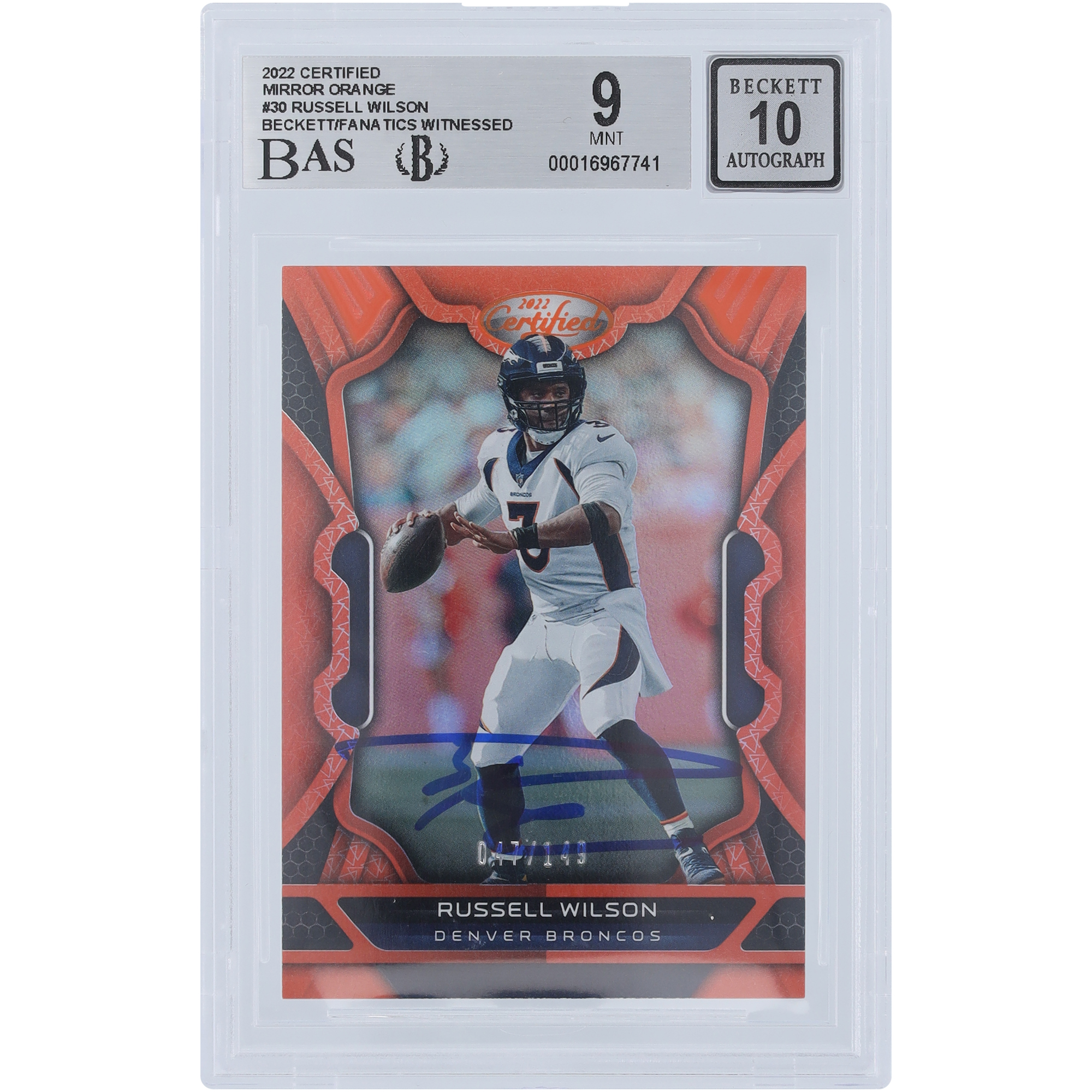 Russell Wilson Denver Broncos Autographed 2022 Panini Certified Mirror Orange #30 #/149 Beckett Fanatics Witnessed Authenticated 9/10 Card