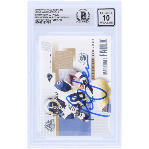 Marshall Faulk St. Louis Rams Autographed 2002 Pacific Adrenaline Game Worn Relic #39 Beckett Fanatics Witnessed Authenticated 10 Card