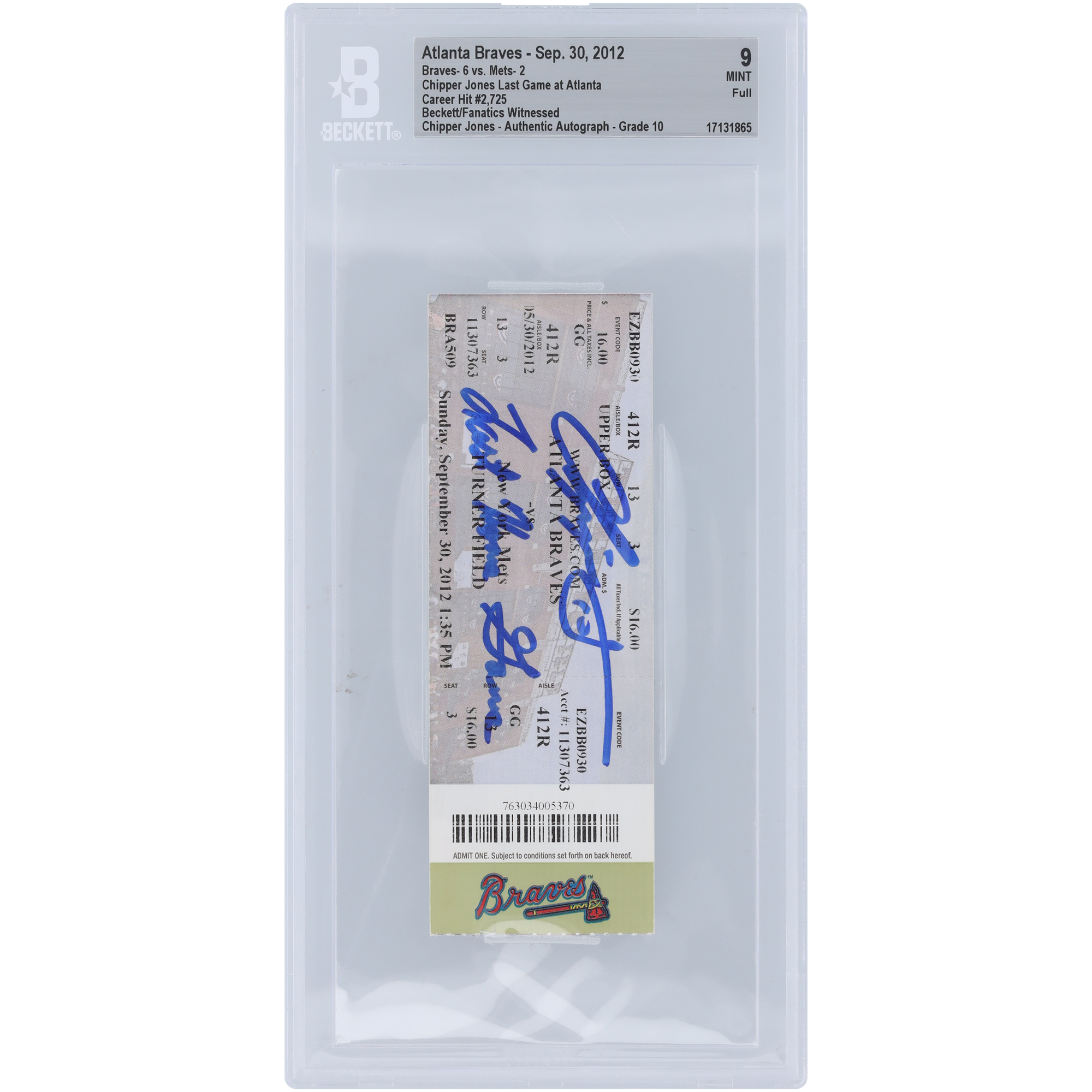 Chipper Jones Atlanta Braves Autographed Beckett Fanatics Witnessed Authenticated 9/10 Ticket from September 30, 2012 with "Last Home Game" Inscription - 2,725th Career Hit
