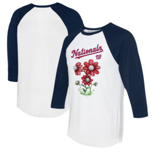 Women's Tiny Turnip White/Navy Washington Nationals Blooming Baseballs 3/4-Sleeve Raglan T-Shirt