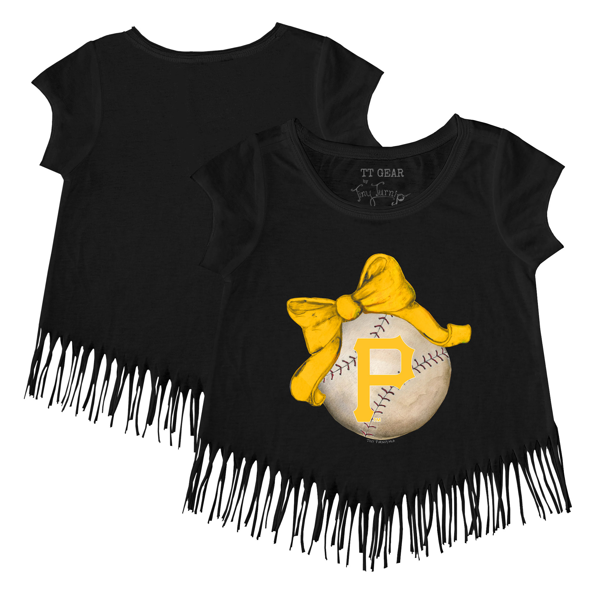 Girls Toddler Tiny Turnip Black Pittsburgh Pirates Baseball Bow Fringe T-Shirt